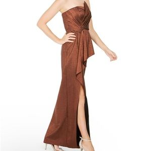 Adrianna Papell Bronze Metallic Cascade Front Gown Dress L98503 Size 10